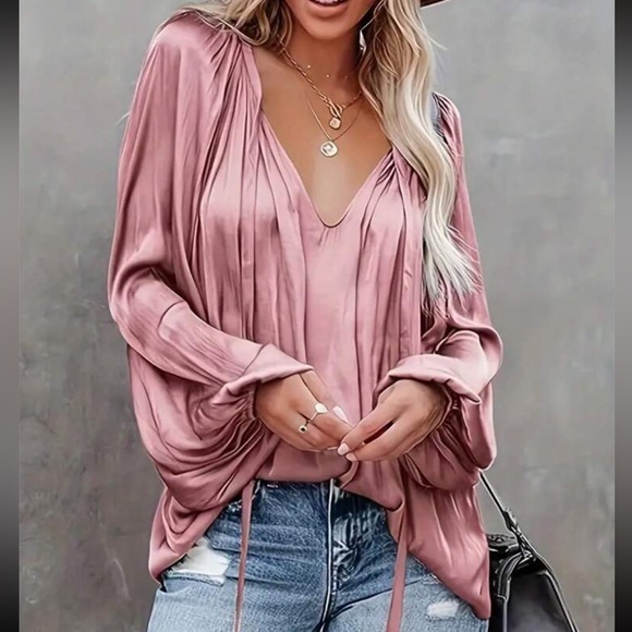 Luxe pink tie neck lantern sleeve blouse - Picture 5 of 14